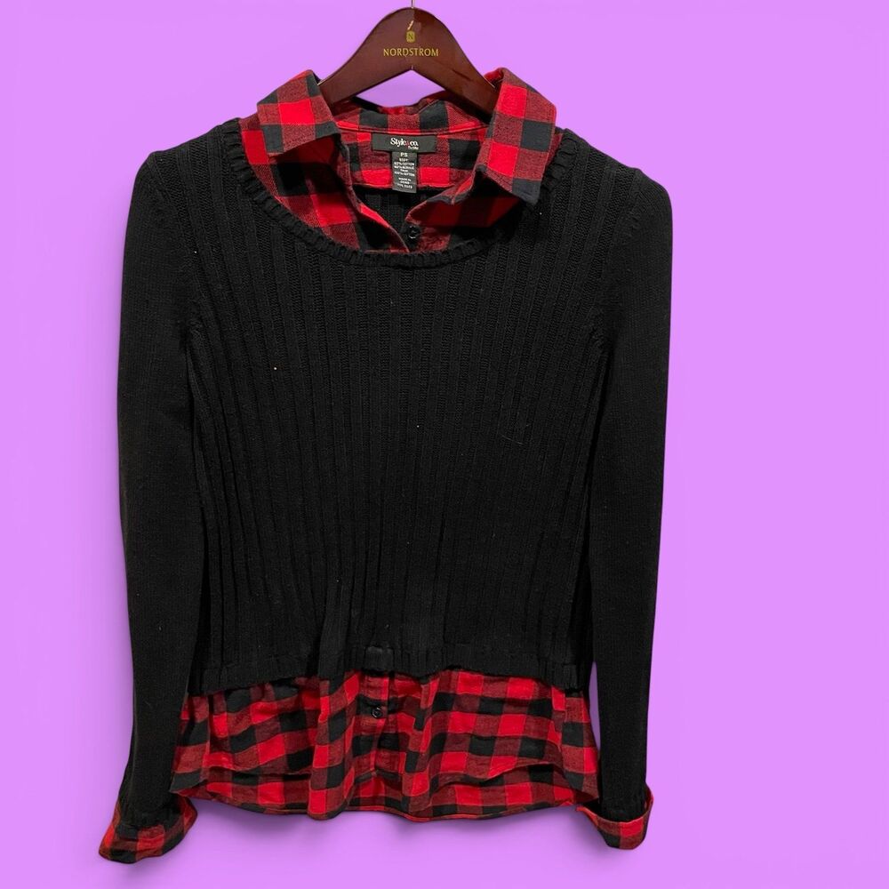 Cute Y2K Style & Co cotton blend grunge 2 in 1 look sweater flannel top